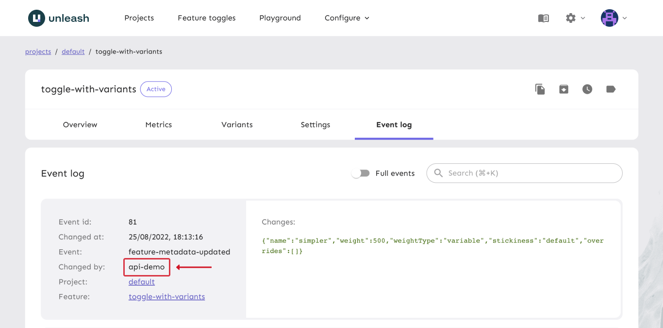 Feature flag events showing that it was last updated by "admin-api".