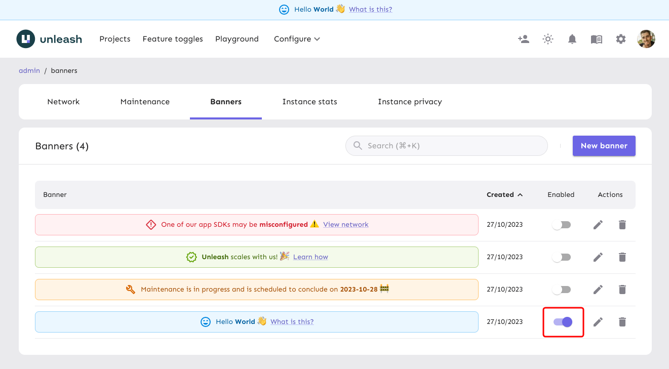 The "banners" table with some example data, and the "enable" switch highlighted.