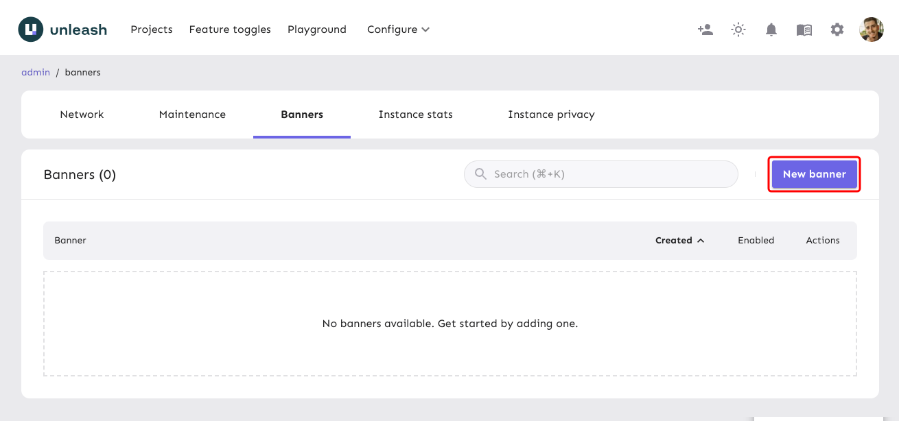 The "banners" table with the "new banner" button highlighted.