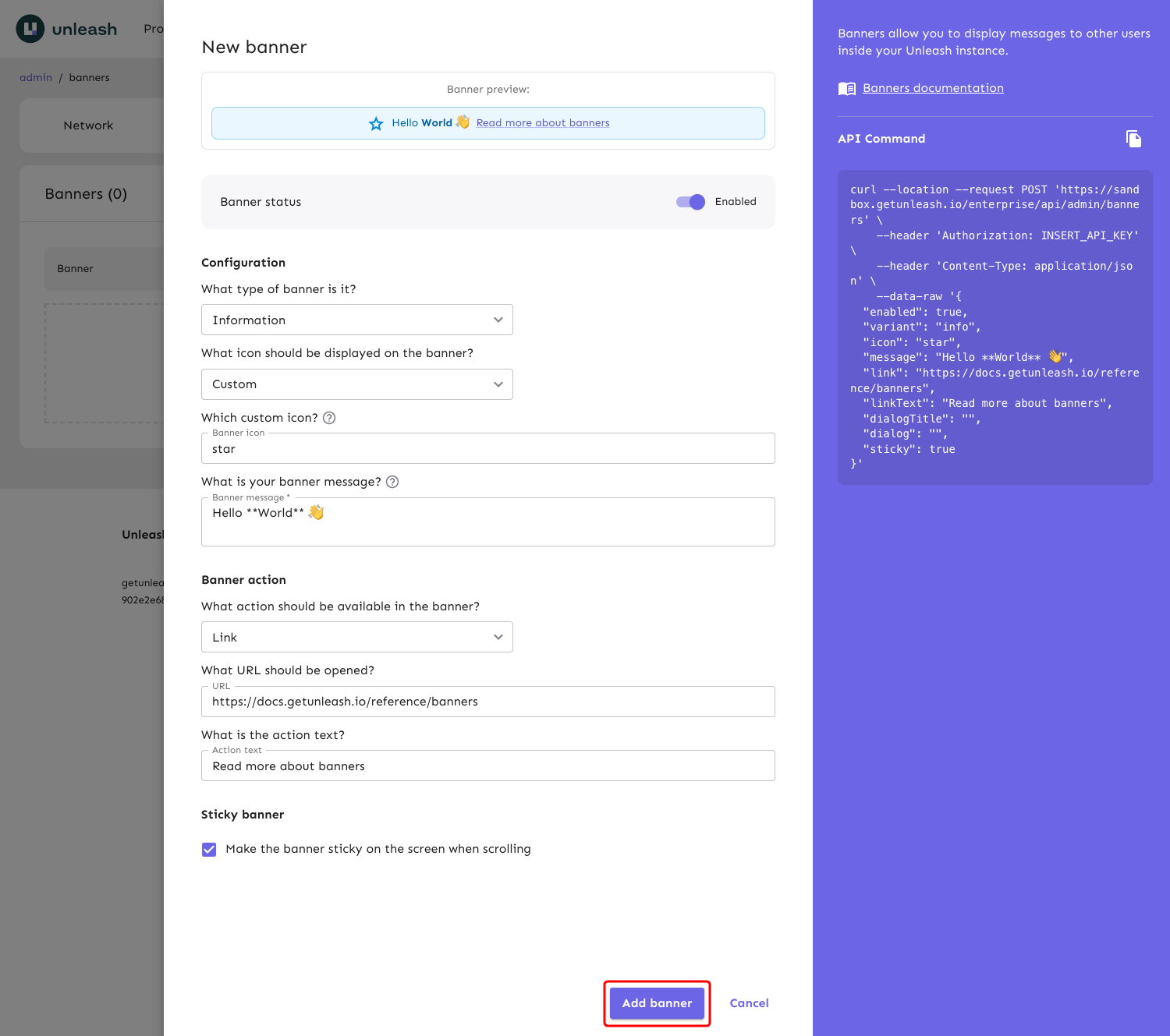 The banner form filled with some example data, and the "add banner" button highlighted at the bottom.