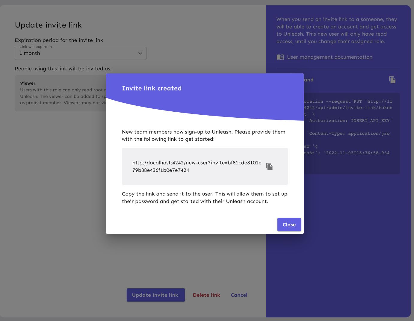 An "invite link created" modal. It contains an invite link that can be copied and some info on how to use it.