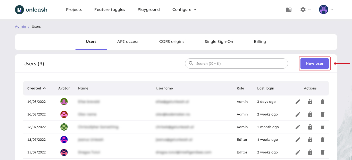 The Unleash users page with the 'add new user' button being pointed to.